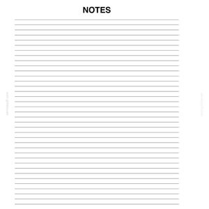 May include: A white notepad with horizontal gray lines and the word "NOTES" at the top. The notepad is blank and ready for writing. The lines are evenly spaced.