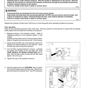 May include: A page from a maintenance manual detailing the replacement of a hydraulic oil filter. The text includes safety warnings about pressurized fluid and instructions for the procedure, with diagrams and steps for the process.
