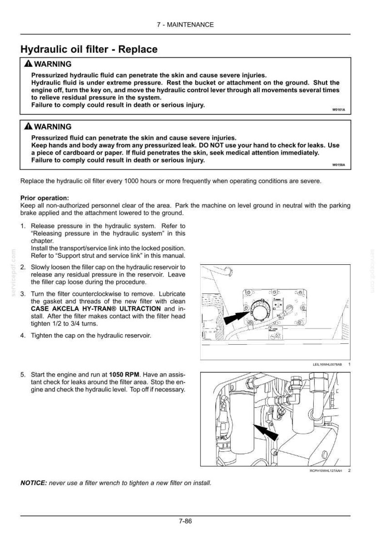 May include: A page from a maintenance manual detailing the replacement of a hydraulic oil filter. The text includes safety warnings about pressurized fluid and instructions for the procedure, with diagrams and steps for the process.