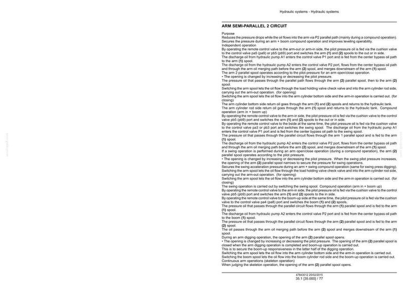 May include: A page from a technical manual detailing the "ARM SEMI-PARALLEL 2 CIRCUIT" for hydraulic systems. The text is in black font on a white background, with diagrams and explanations.