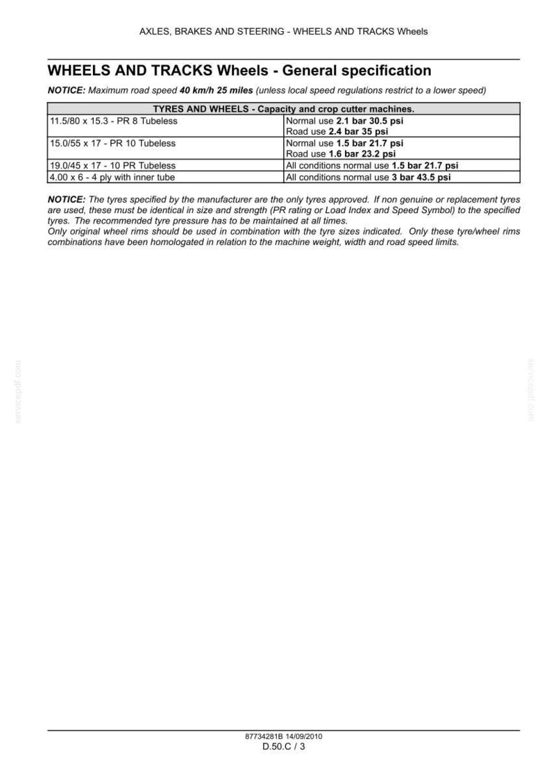 May include: A technical document detailing specifications for wheels and tracks, including tire sizes and pressure recommendations. The document includes a table with tire sizes such as 11.5/80 x 15.3 and 15.0/55 x 17, with pressure in psi.