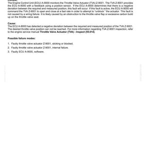 May include: A white document with the title "Electrical systems - FAULT CODES" and the text "17443-Permanent governor deviation for valve". The document provides context, cause, and possible failure modes for a vehicle's throttle valve actuator.