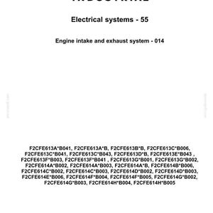 May include: A white background features the black CNH INDUSTRIAL logo above text for Electrical systems - 55 and Engine intake and exhaust system - 014. Below are several lines of product codes.
