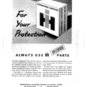 K&ouml;nnte beinhalten: Vintage-Werbung f&uuml;r International Harvester-Teile. Die Anzeige zeigt eine wei&szlig;e Box mit dem International Harvester-Logo, einem stilisierten "IH" in Schwarz und Grau. Der Text lautet "F&uuml;r Ihren Schutz" und "Verwenden Sie immer IH-Teile."