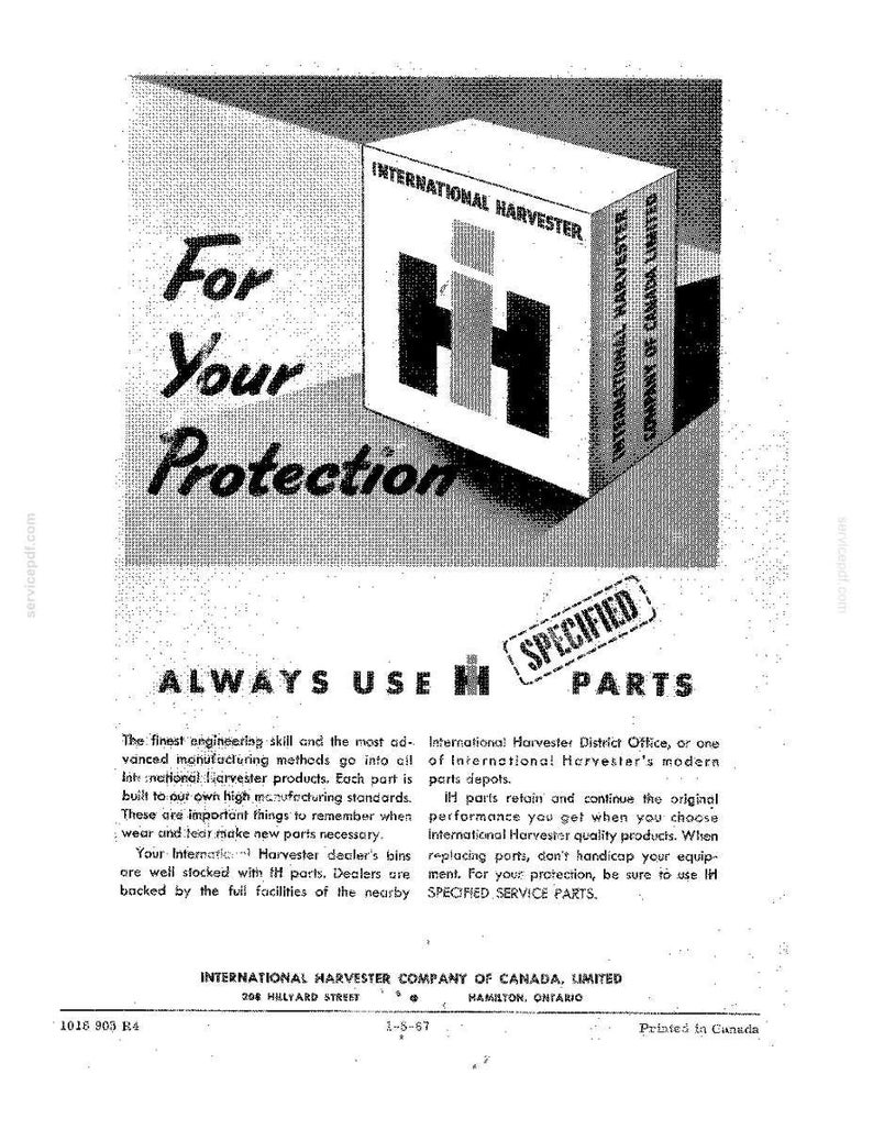K&ouml;nnte beinhalten: Vintage-Werbung f&uuml;r International Harvester-Teile. Die Anzeige zeigt eine wei&szlig;e Box mit dem International Harvester-Logo, einem stilisierten "IH" in Schwarz und Grau. Der Text lautet "F&uuml;r Ihren Schutz" und "Verwenden Sie immer IH-Teile."