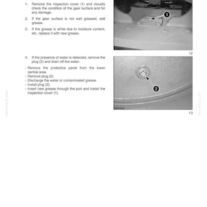 May include: Page from a service manual with instructions for greasing a turntable. The text includes steps for inspection, adding grease, and removing water. Two close-up images show parts labeled 1 and 2.