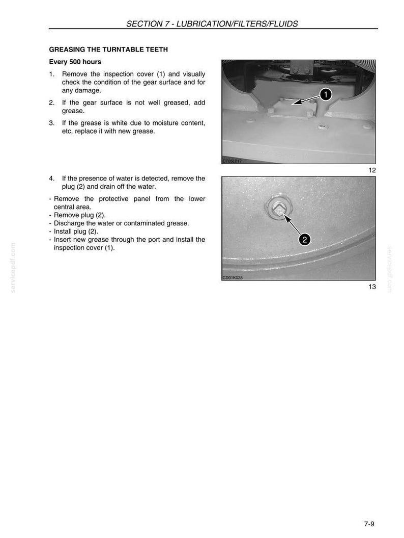 May include: Page from a service manual with instructions for greasing a turntable. The text includes steps for inspection, adding grease, and removing water. Two close-up images show parts labeled 1 and 2.