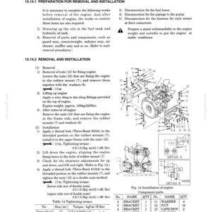 May include: A technical diagram from a manual detailing engine installation procedures. The image includes diagrams, part numbers, and torque specifications in both metric and imperial units, with measurements in ft-lbs.