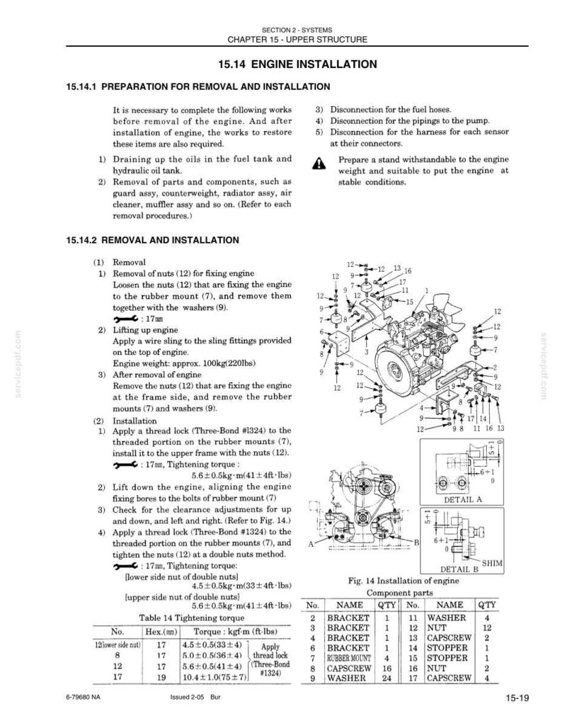 May include: A technical diagram from a manual detailing engine installation procedures. The image includes diagrams, part numbers, and torque specifications in both metric and imperial units, with measurements in ft-lbs.