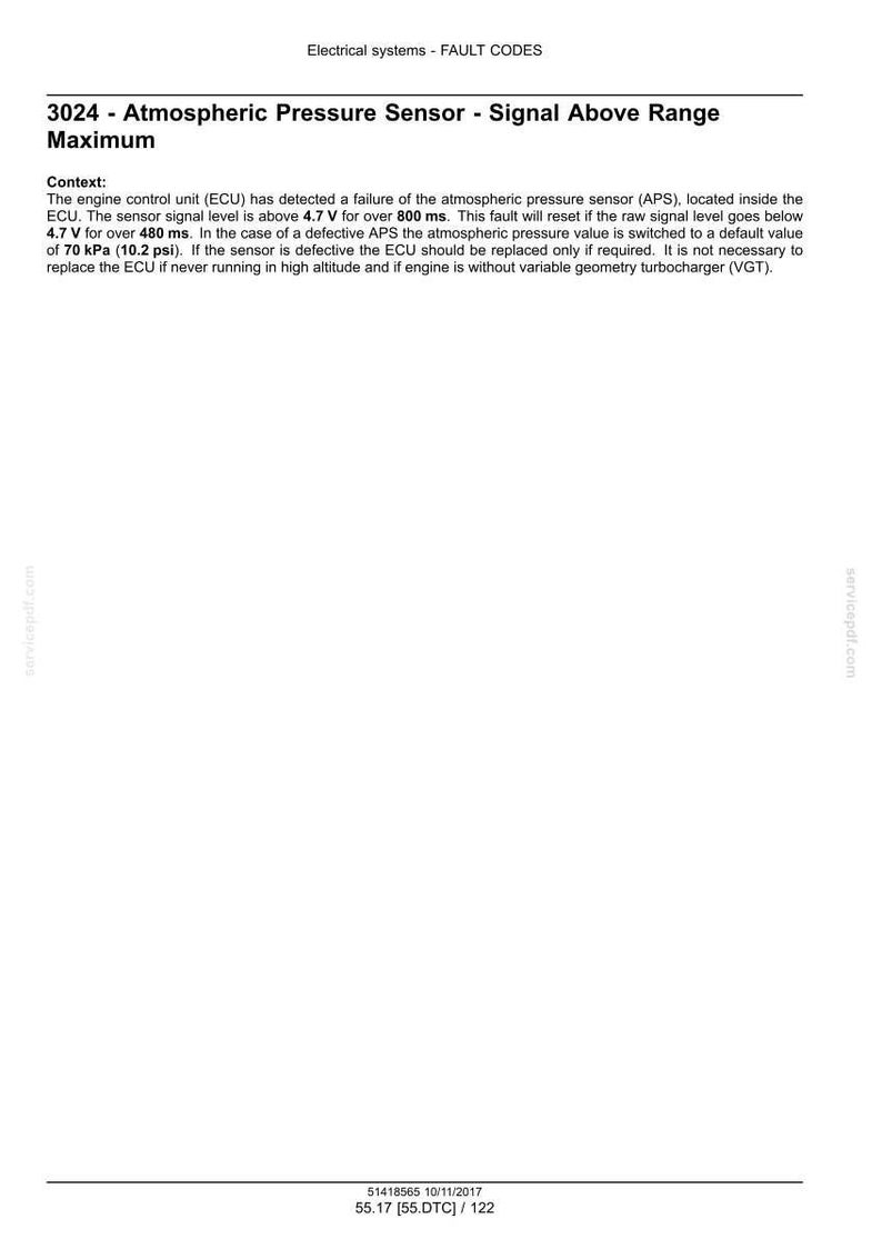 May include: A white document with black text detailing fault code 3024 for an atmospheric pressure sensor. The text explains the sensor's function, failure detection, and troubleshooting steps. Includes the date 10/11/2017.