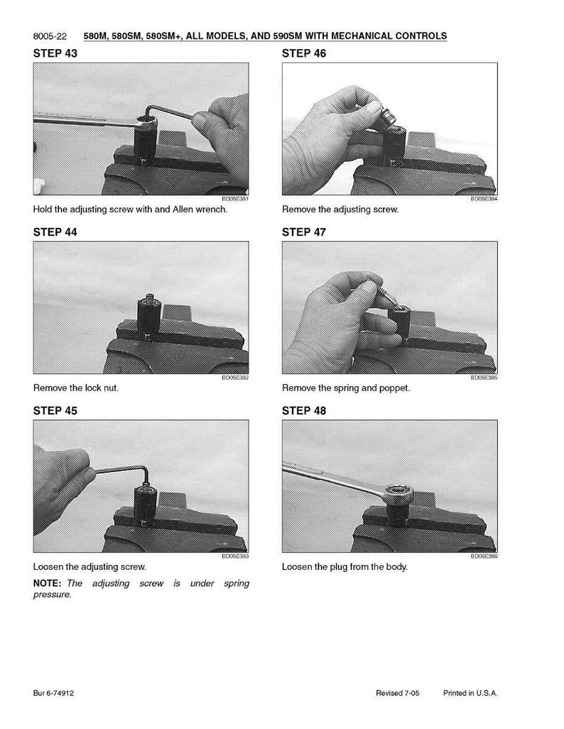 May include: A grayscale instructional diagram with steps for mechanical controls. The steps include holding an adjusting screw with an Allen wrench, removing screws, and loosening plugs. Text includes "580M, 580SM, 580SM+, ALL MODELS, AND 590SM WITH MECHANICAL CONTROLS."