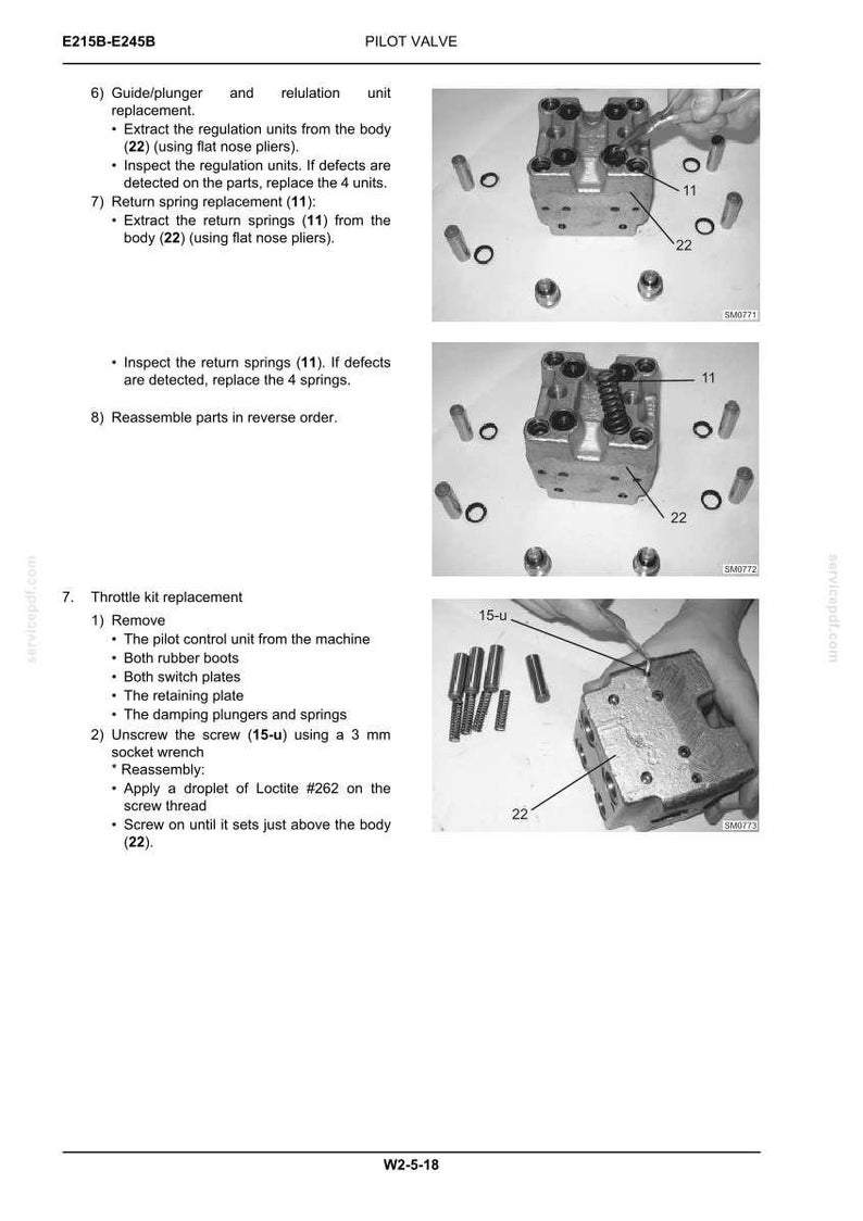 May include: A technical manual page for a pilot valve, E215B-E245B, featuring three black and white diagrams showing the disassembly and maintenance process of the valve body, including numbered components like 11, 22, and 15-u with instructions.