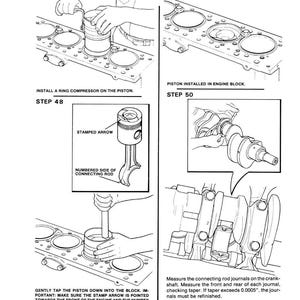 May include: Black and white technical illustration showing engine assembly steps. Includes instructions for installing a ring compressor on a piston, installing the piston in the engine block, and measuring connecting rod journals on the crankshaft. Text includes "Stamped Arrow" and "Numbered Side of Connecting Rod."