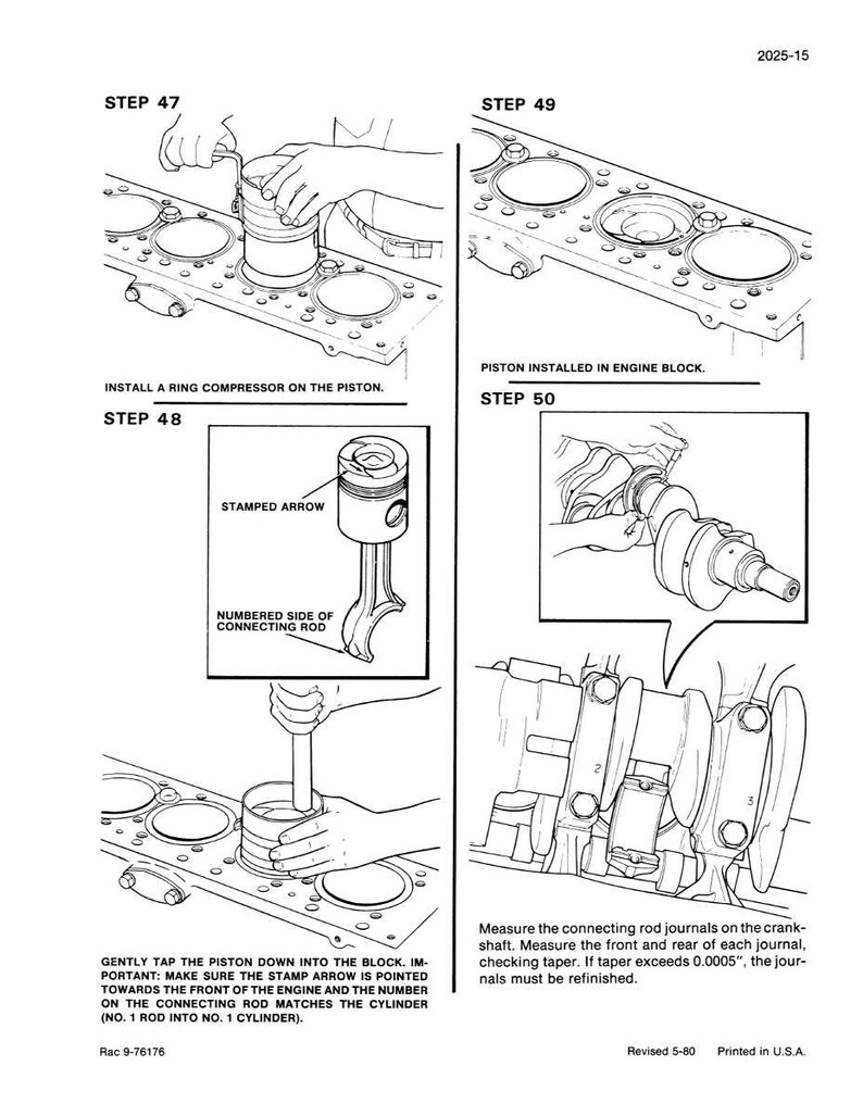 May include: Black and white technical illustration showing engine assembly steps. Includes instructions for installing a ring compressor on a piston, installing the piston in the engine block, and measuring connecting rod journals on the crankshaft. Text includes "Stamped Arrow" and "Numbered Side of Connecting Rod."