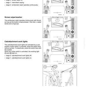 May include: A technical manual page titled 3-CONTROLS/INSTRUMENTS featuring black and white line drawings of machinery controls. It illustrates the operation of the windscreen wiper, screen wiper/washer, and cab/attachment work lights with numbered diagrams and text instructions.