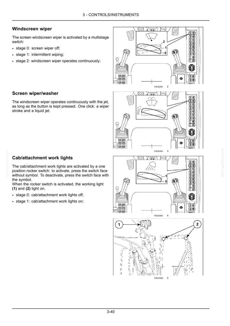 May include: A technical manual page titled 3-CONTROLS/INSTRUMENTS featuring black and white line drawings of machinery controls. It illustrates the operation of the windscreen wiper, screen wiper/washer, and cab/attachment work lights with numbered diagrams and text instructions.