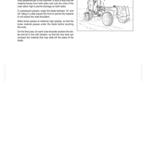 May include: Line drawing of a road grader, with text describing road bed preparation. The text includes instructions on blade angles and material movement. The image is from a manual, with the chapter title "OPERATING INSTRUCTIONS".