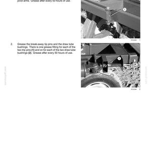 May include: A technical manual page titled Boom break-away - Grease (E.10.C.64 - F.60.A.20) for SF110 and SF115 wheeled booms. It includes two black and white photographs showing grease fittings on pivot arms, tip pins, and draw tube bushings.