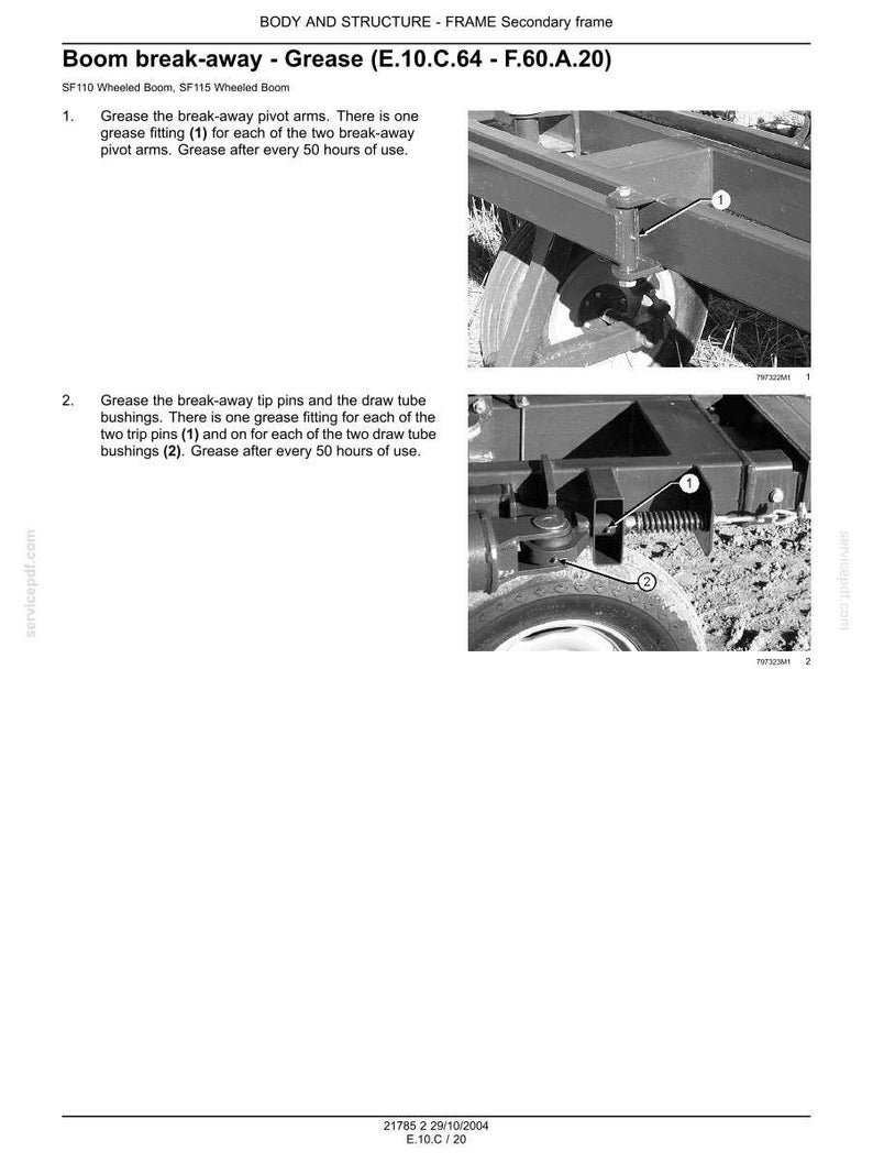 May include: A technical manual page titled Boom break-away - Grease (E.10.C.64 - F.60.A.20) for SF110 and SF115 wheeled booms. It includes two black and white photographs showing grease fittings on pivot arms, tip pins, and draw tube bushings.