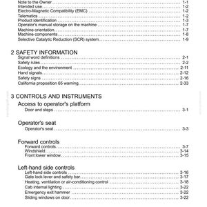 May include: A white document titled "Contents" with a detailed table of contents for a machine's manual. Sections include general information, safety information, and controls and instruments.