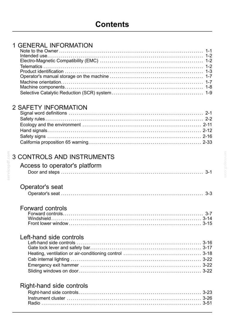 May include: A white document titled "Contents" with a detailed table of contents for a machine's manual. Sections include general information, safety information, and controls and instruments.