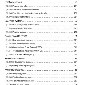 May include: A white page with black text detailing mechanical and hydraulic systems, including front and rear axle systems, power take-off, brakes, and controls. The document includes section numbers and page numbers.