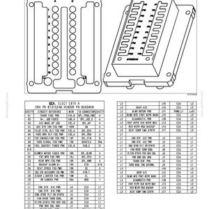May include: A technical diagram labeled CONNECTOR ECA - ELECTRICAL CENTER A, showing a top-down view of a rectangular connector block with pin layouts and a detailed wiring table listing circuit references, wire codes, and connector cavities.