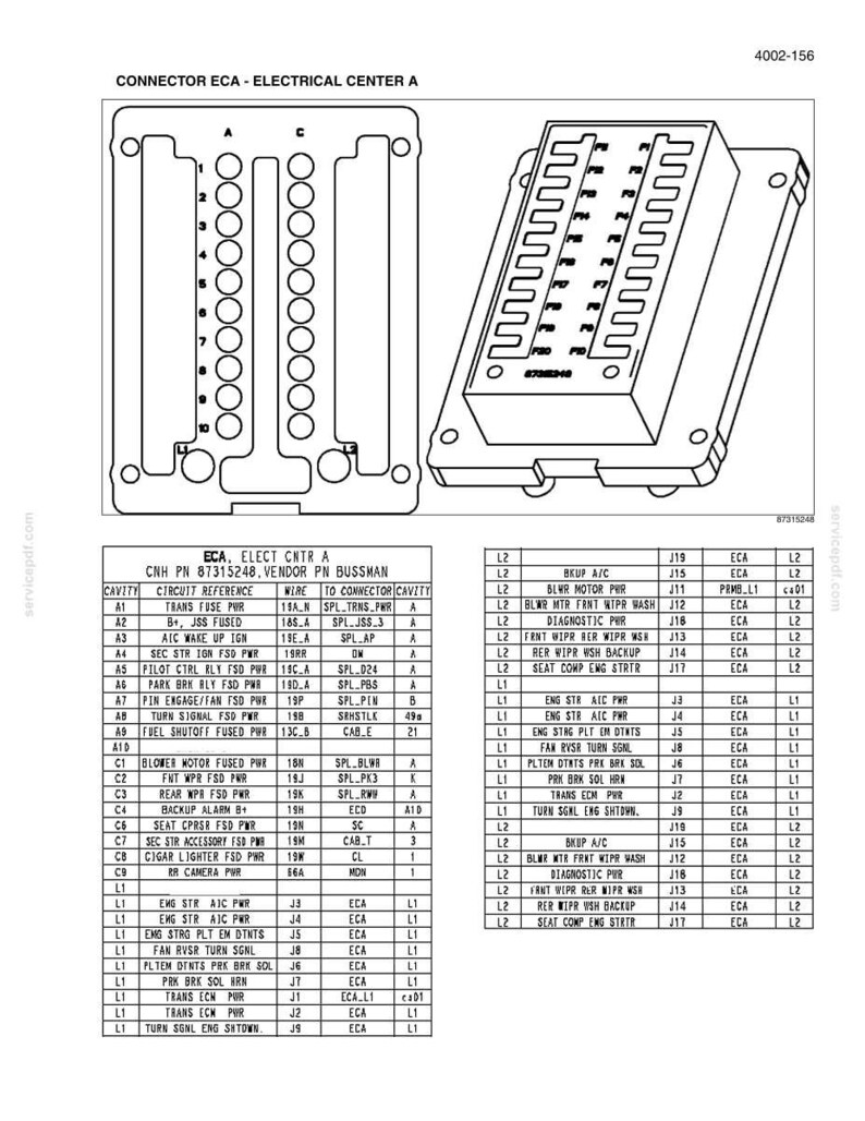 May include: A technical diagram labeled CONNECTOR ECA - ELECTRICAL CENTER A, showing a top-down view of a rectangular connector block with pin layouts and a detailed wiring table listing circuit references, wire codes, and connector cavities.
