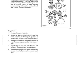 May include: An exploded diagram of mechanical components, including gears, shafts, and bearings, with labels and numbers. The image is from a technical manual, likely for machinery repair or maintenance. Text includes instructions and inspection steps.