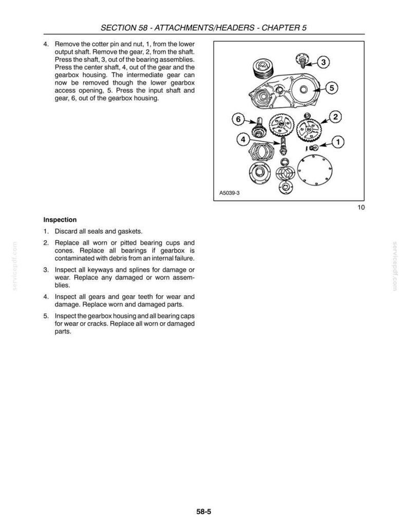 May include: An exploded diagram of mechanical components, including gears, shafts, and bearings, with labels and numbers. The image is from a technical manual, likely for machinery repair or maintenance. Text includes instructions and inspection steps.
