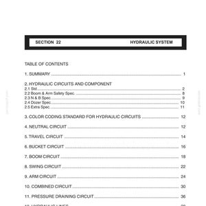 May include: A white page with the title "E235SR" and a black banner that reads "SECTION 22 HYDRAULIC SYSTEM." The table of contents lists topics such as "Hydraulic Circuits and Component" and "Bucket Circuit."
