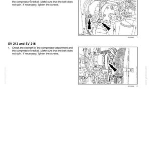 Puede incluir: Diagrama de un manual de mantenimiento que muestra el montaje del compresor del aire acondicionado. La imagen incluye instrucciones de texto para verificar la fijaci&oacute;n y el soporte del compresor, y apretar los tornillos si es necesario. Las flechas se&ntilde;alan componentes espec&iacute;ficos.