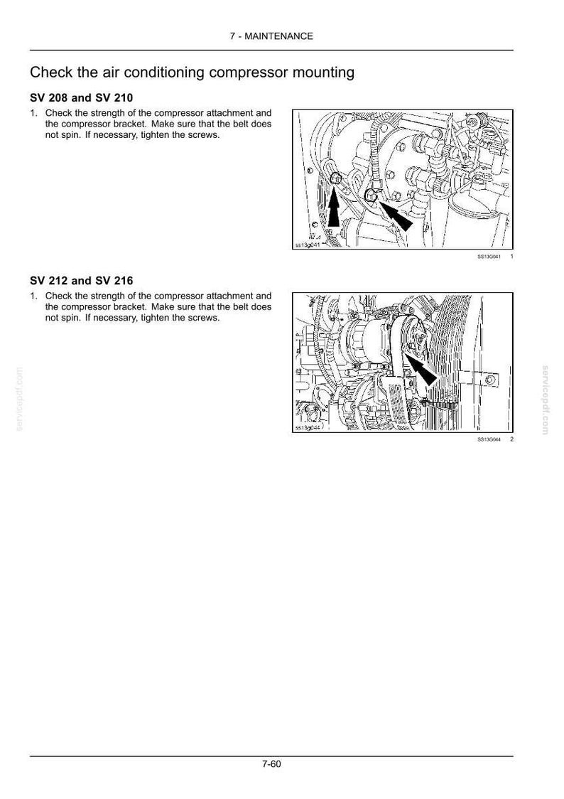Puede incluir: Diagrama de un manual de mantenimiento que muestra el montaje del compresor del aire acondicionado. La imagen incluye instrucciones de texto para verificar la fijaci&oacute;n y el soporte del compresor, y apretar los tornillos si es necesario. Las flechas se&ntilde;alan componentes espec&iacute;ficos.