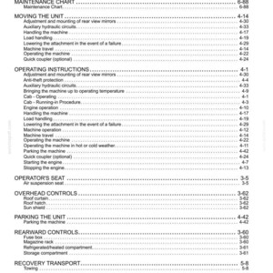 May include: A detailed table of contents from a manual, featuring various operational and maintenance topics. Sections include moving the unit, operating instructions, and overhead controls, with page numbers.