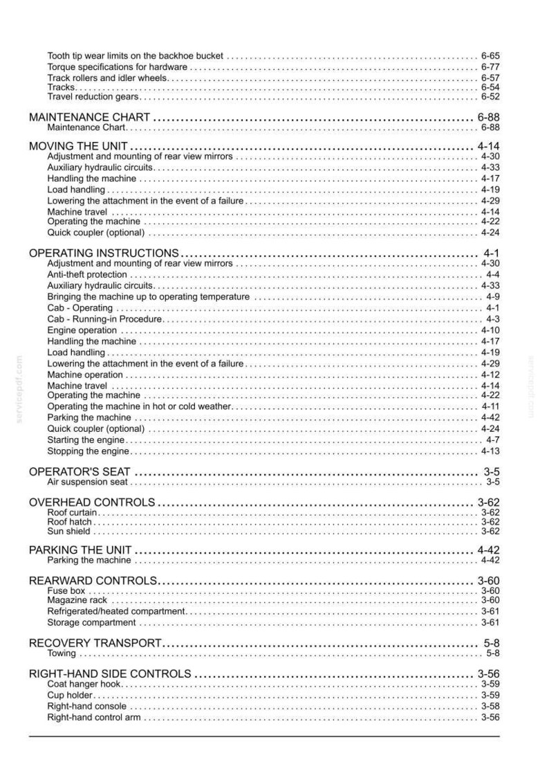 May include: A detailed table of contents from a manual, featuring various operational and maintenance topics. Sections include moving the unit, operating instructions, and overhead controls, with page numbers.