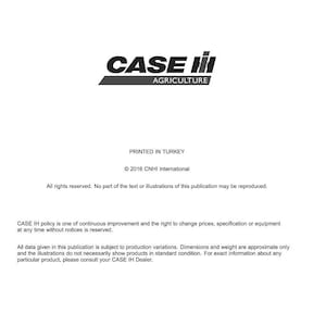 May include: A white document with the "CASE IH AGRICULTURE" logo in black and red. The document includes text about technical publications and tools, copyright information, and a disclaimer about product variations.