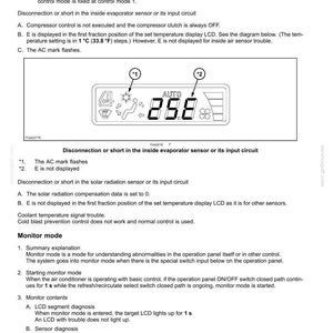 Pode incluir: Diagrama de um painel de controle HVAC com um display LCD mostrando a temperatura em graus Celsius. O painel inclui s&iacute;mbolos para ar condicionado, velocidade do ventilador e dire&ccedil;&atilde;o do ar. O texto explica as fun&ccedil;&otilde;es do sistema.