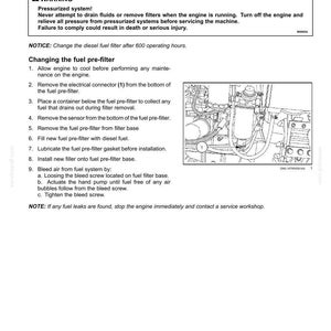 Op de afbeelding: Een pagina uit een technisch handboek getiteld Fuel filter replacement, met een zwart-wit lijntekening van een motoronderdeel met een genummerde elektrische connector en gedetailleerde onderhoudsinstructies voor het vervangen van het brandstofvoorfilter.
