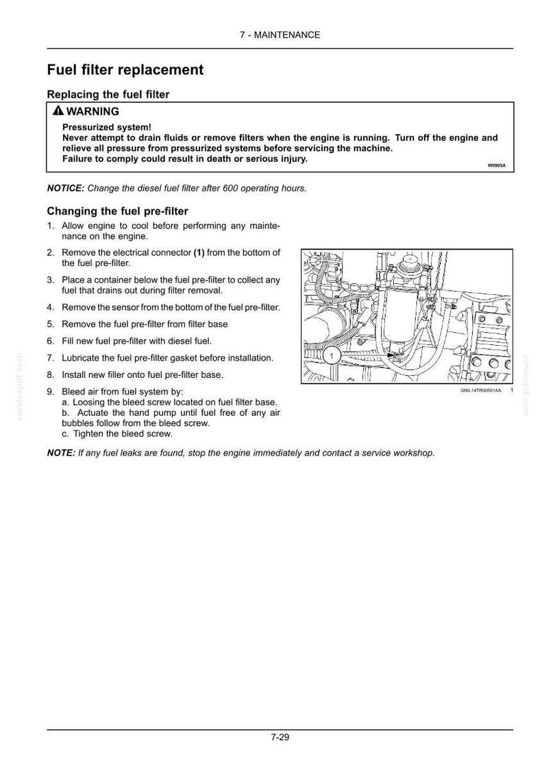 Op de afbeelding: Een pagina uit een technisch handboek getiteld Fuel filter replacement, met een zwart-wit lijntekening van een motoronderdeel met een genummerde elektrische connector en gedetailleerde onderhoudsinstructies voor het vervangen van het brandstofvoorfilter.