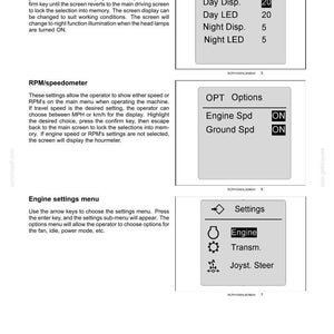 May include: A technical manual page titled 3-CONTROLS AND INSTRUMENTS featuring three digital display menus. The menus show settings for Backlight, Options with Engine Spd and Ground Spd, and Settings for Engine, Transm., and Joyst. Steer.