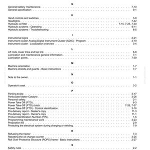 Op de afbeelding: Een zwart-wit indexpagina uit een technische handleiding, alfabetisch gerangschikt van F tot S. De tekst somt diverse onderwerpen voor tractoronderhoud op, waaronder brandstofsystemen, hydraulische systemen en veiligheidsprocedures, met paginanummers.