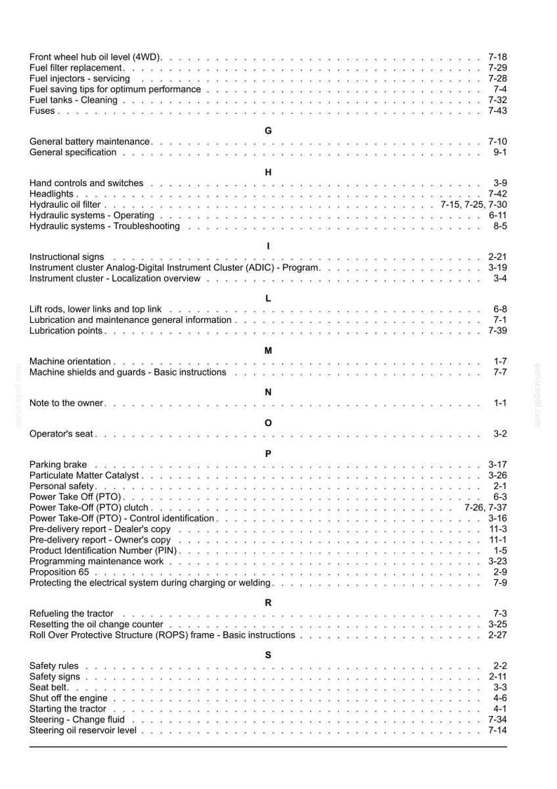 Op de afbeelding: Een zwart-wit indexpagina uit een technische handleiding, alfabetisch gerangschikt van F tot S. De tekst somt diverse onderwerpen voor tractoronderhoud op, waaronder brandstofsystemen, hydraulische systemen en veiligheidsprocedures, met paginanummers.
