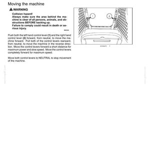 May include: Diagram of a machine's control panel with levers labeled 1 and 2. Text explains how to operate the machine, including warnings about collision hazards and instructions for moving the machine forward and backward.