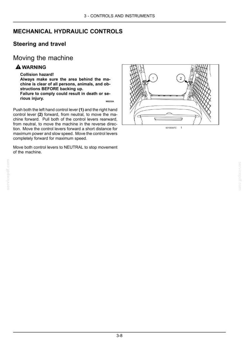May include: Diagram of a machine's control panel with levers labeled 1 and 2. Text explains how to operate the machine, including warnings about collision hazards and instructions for moving the machine forward and backward.