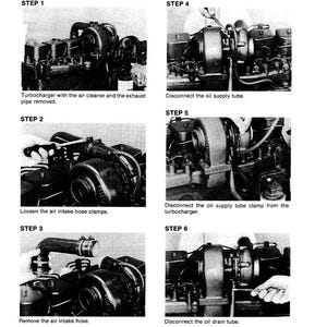 May include: A black and white diagram illustrating the steps for servicing a turbocharger. The steps include removing the air cleaner, disconnecting tubes and clamps, and removing the air intake hose. Text includes "SERVICING THE TURBOCHARGER Removal".