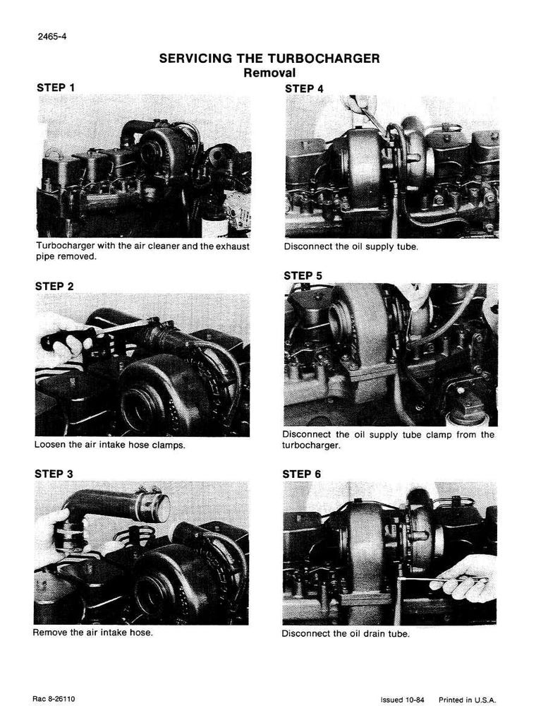 May include: A black and white diagram illustrating the steps for servicing a turbocharger. The steps include removing the air cleaner, disconnecting tubes and clamps, and removing the air intake hose. Text includes "SERVICING THE TURBOCHARGER Removal".
