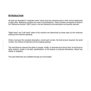 Puede incluir: Una p&aacute;gina de documento t&eacute;cnico titulada PARTS e INTRODUCTION. Explica que las piezas se muestran en vistas explosionadas con n&uacute;meros de referencia. Incluye instrucciones para pedir piezas, definir los lados de la m&aacute;quina y avisos legales.