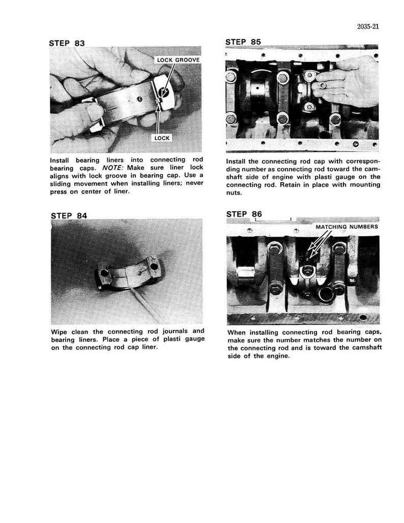 May include: A black and white diagram from a manual showing engine assembly steps. The image includes close-ups of engine components, with text instructions for installing bearing liners, connecting rod caps, and plasti gauge. The text includes the words "LOCK GROOVE" and "MATCHING NUMBERS".