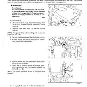Op de afbeelding: Een pagina uit een technisch handboek getiteld 7-MAINTENANCE met instructies voor het verversen van transmissie-, achteras- en hydraulische olie. Het bevat een waarschuwing voor brandgevaar, genummerde stappen en drie lijntekeningen die aftappluggen, een vuldop en een oliepeilglas met genummerde indicatoren tonen.