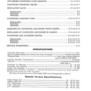 May include: A black and white technical manual page with the title "TABLE OF CONTENTS" at the top. The page lists specifications, capacities, and service suggestions for a C270 series converter.